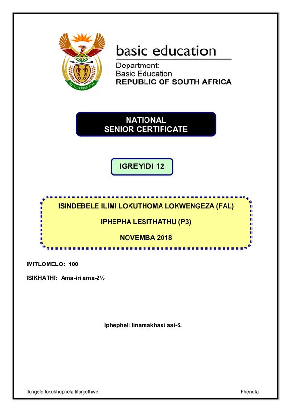 Grade 12 isiNdebele past paper 2018 – IsiNdebele FAL P3 gr12