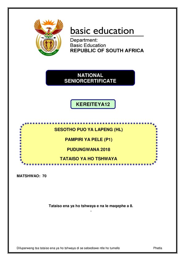 Grade 12 Sesotho past paper 2018 – Sesotho HL P1 memo gr12