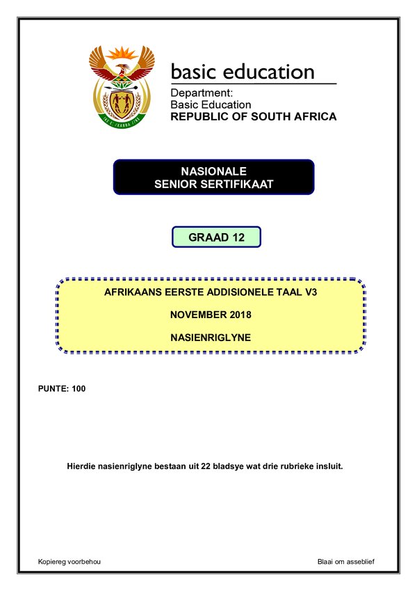 Grade 12 Afrikaans past paper 2018 – Afrikaans FAL P3 memo gr12
