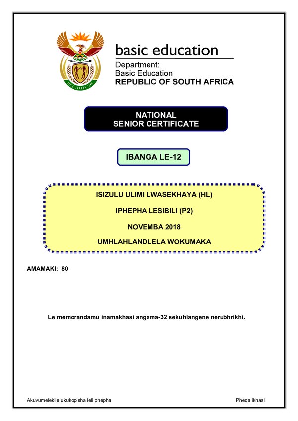 Isizulu Hl P2 Memo Gr12