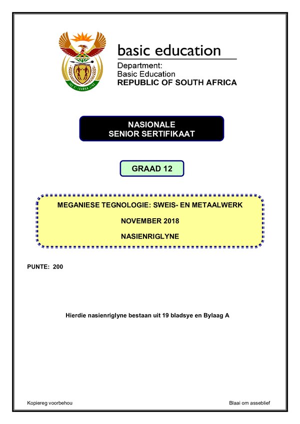 Grade 12 Afrikaans past paper 2018 – Welding and Metalwork Memo 1 (Afrikaans) gr12