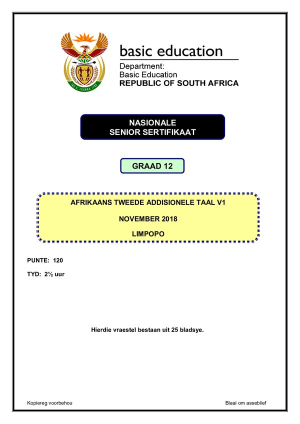 Grade 12 Afrikaans past paper 2018 – Afrikaans SAL P1 (Limpopo) gr12