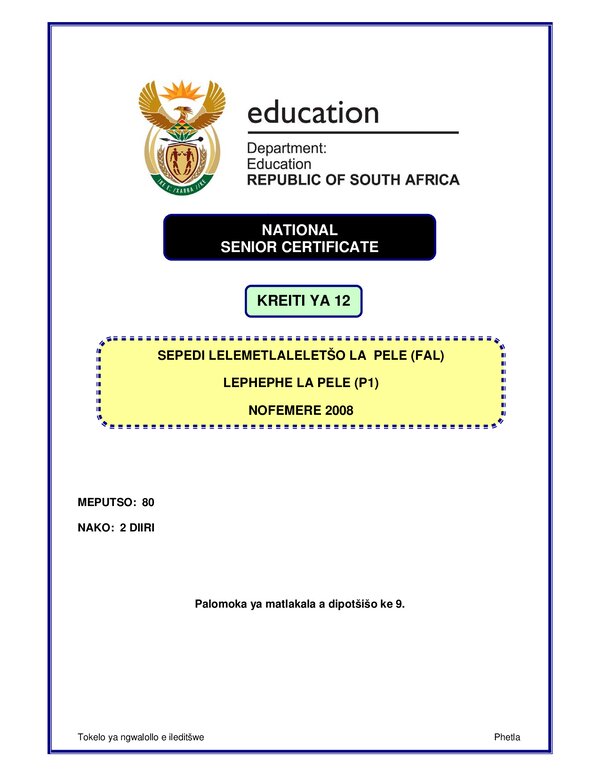 Grade 12 Sepedi past paper 2005 – Sepedi FAL P1 gr12