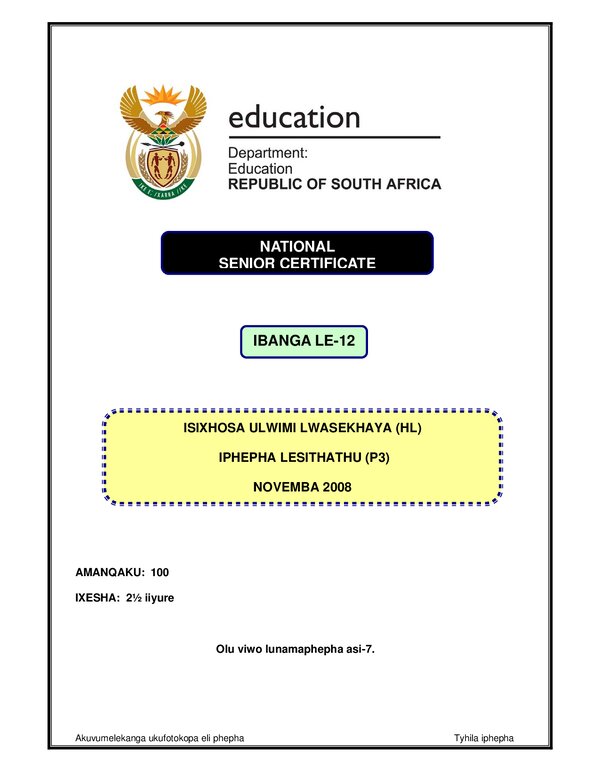 Grade 12 isiXhosa past paper 2007 – IsXhosa HL P3 gr12