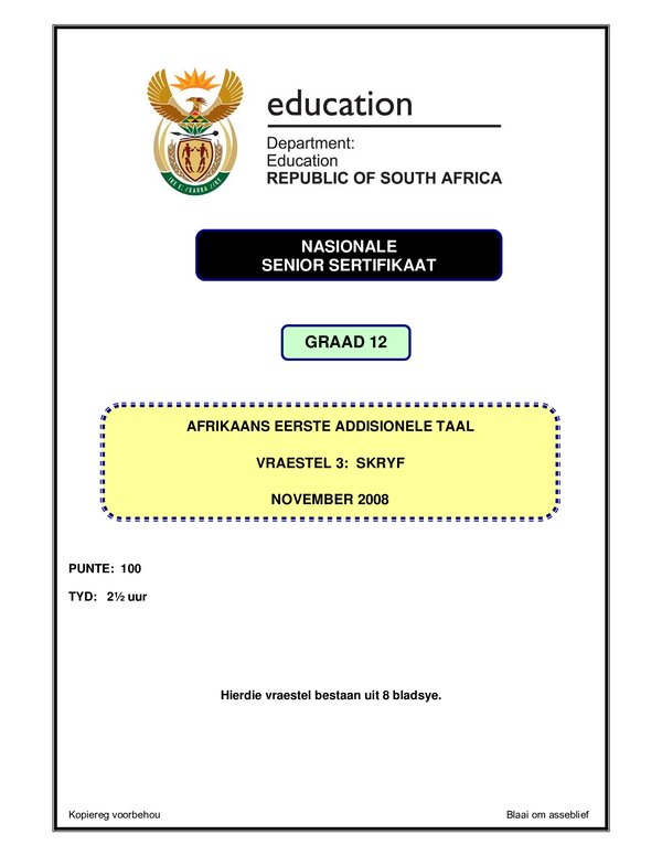 Grade 12 Afrikaans past paper 2004 – Afrikaans FAL P3 gr12
