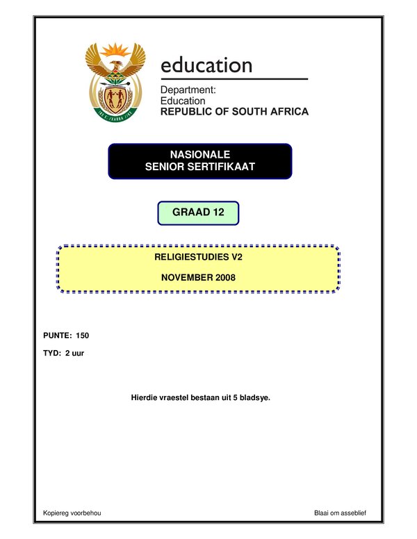 Grade 12 Afrikaans past paper 2008 – Religious Studies P2 Afrikaans gr12