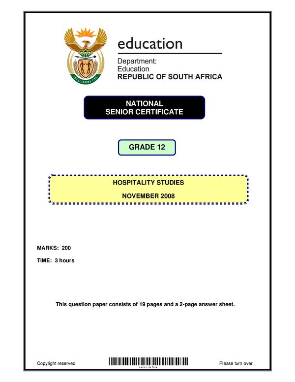 Hospitality Studies P1 English Gr12