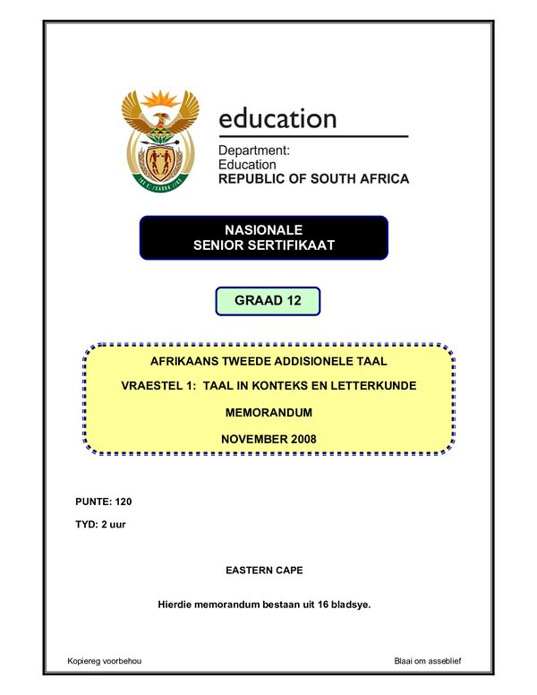 Afrikaans Sal P1 (Eastern Cape) Memo Gr12