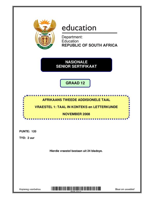 Grade 12 Afrikaans past paper 2004 – Afrikaans SAL P1 (Free State) gr12