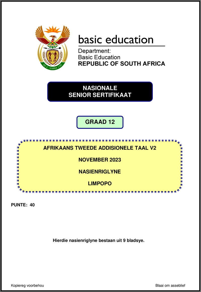 Grade 12 Afrikaans past paper 2023 – afrikaans sal p2 nov 2023 mg limpopo gr12