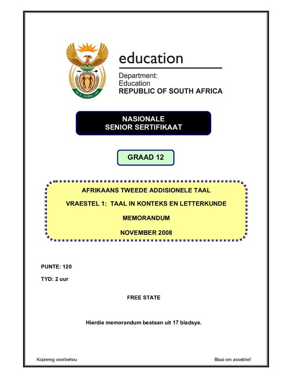 Grade 12 Afrikaans past paper 2004 – Afrikaans SAL P1 (Free State) memo gr12