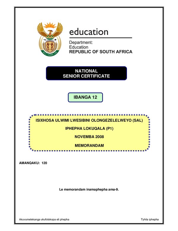 Grade 12 isiXhosa past paper 2008 – IsXhosa SAL P1 (Eastern Cape) memo gr12