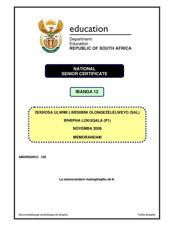 Grade 12 isiXhosa past paper 2008 – IsXhosa SAL P1 (Western Cape) memo gr12