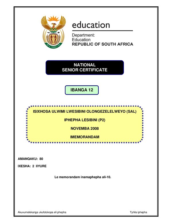 Isxhosa Sal P2 Memo Gr12