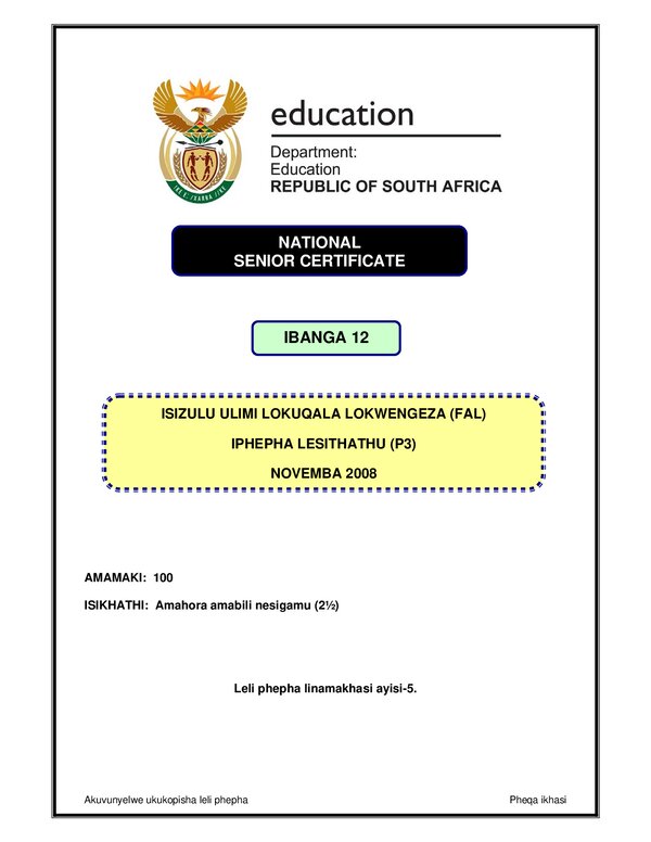 Grade 12 isiZulu past paper 2008 – IsiZulu FAL P3 gr12