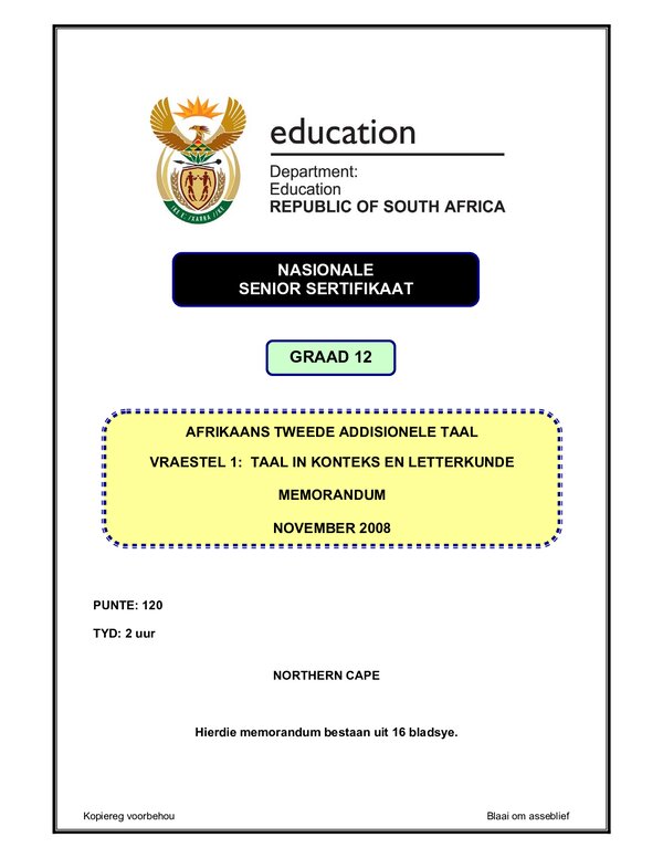Grade 12 Afrikaans past paper 2004 – Afrikaans SAL P1 (Northern Cape) memo gr12