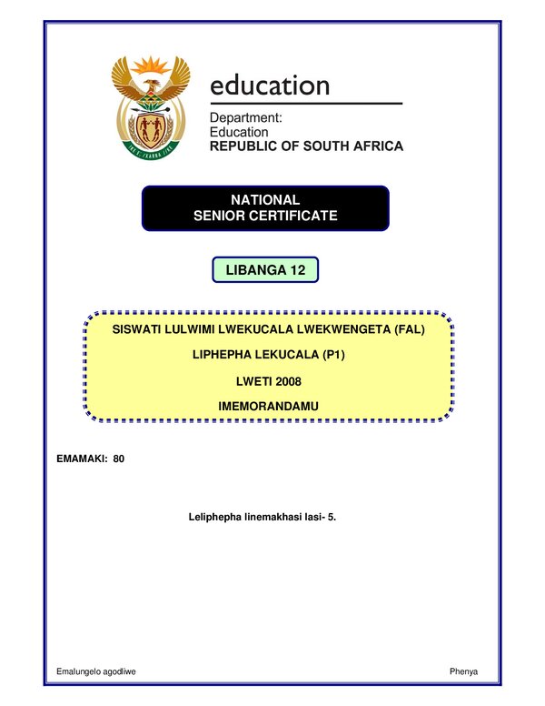 Siswati Fal P1 Memo Gr12