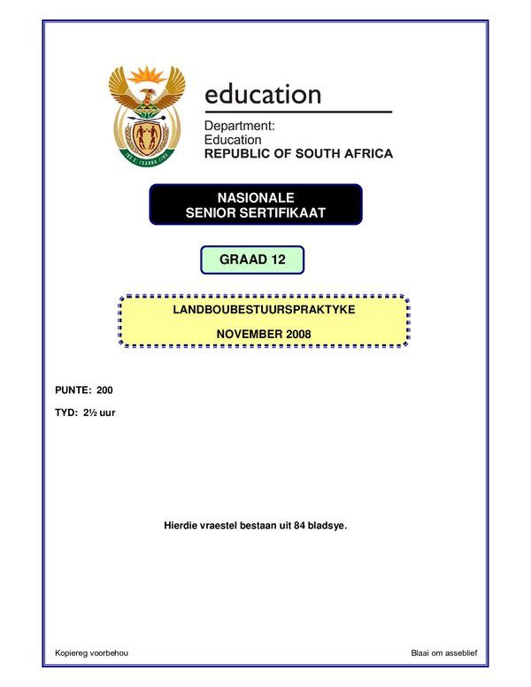 Grade 12 Afrikaans past paper 1993 – Agricultural Management Practices P1 Afrikaans gr12