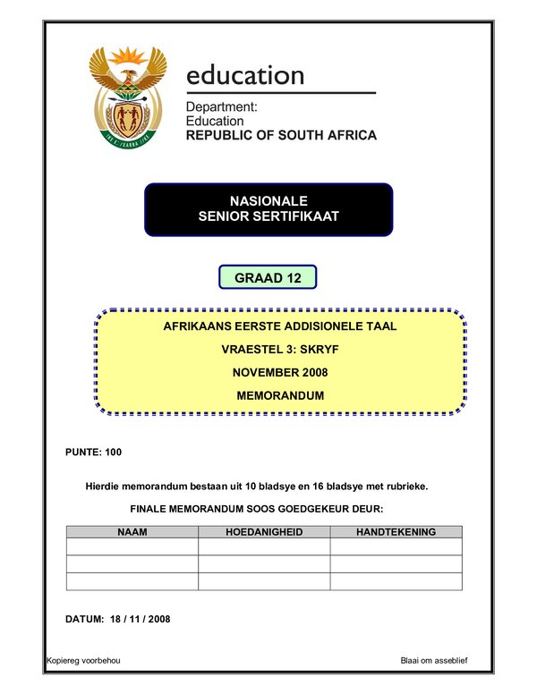 Afrikaans Fal P3 Memo Gr12