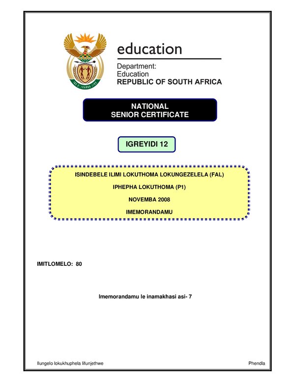 Isindebele Fal P1 Memo Gr12