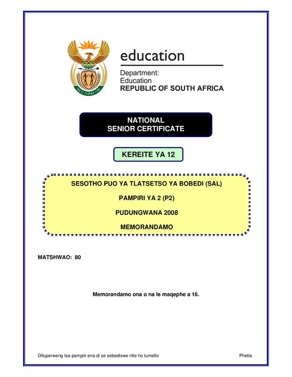 Grade 12 Sesotho past paper 2008 – Sesotho SAL P2 memo gr12