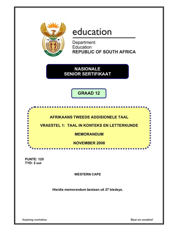 Grade 12 Afrikaans past paper 2004 – Afrikaans SAL P1 (Western Cape) memo gr12