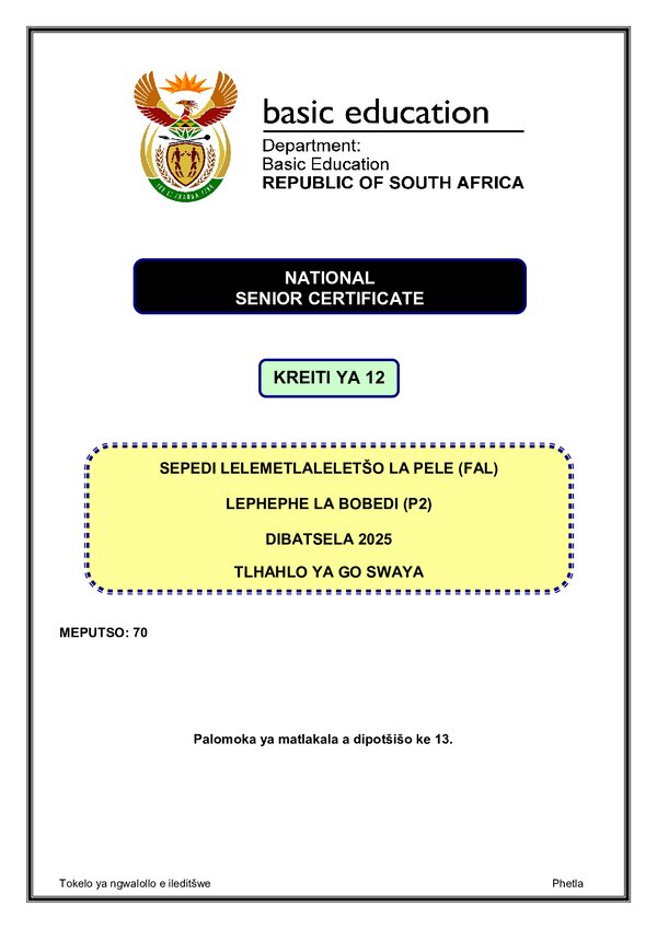 Grade 12 Sepedi past paper 2025 – Sepedi FAL P2 memo gr12