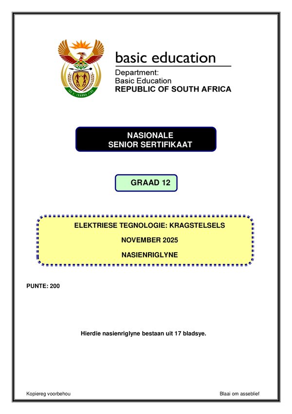 Grade 12 Afrikaans past paper 2025 – Power Systems Memo 1 (Afrikaans) gr12