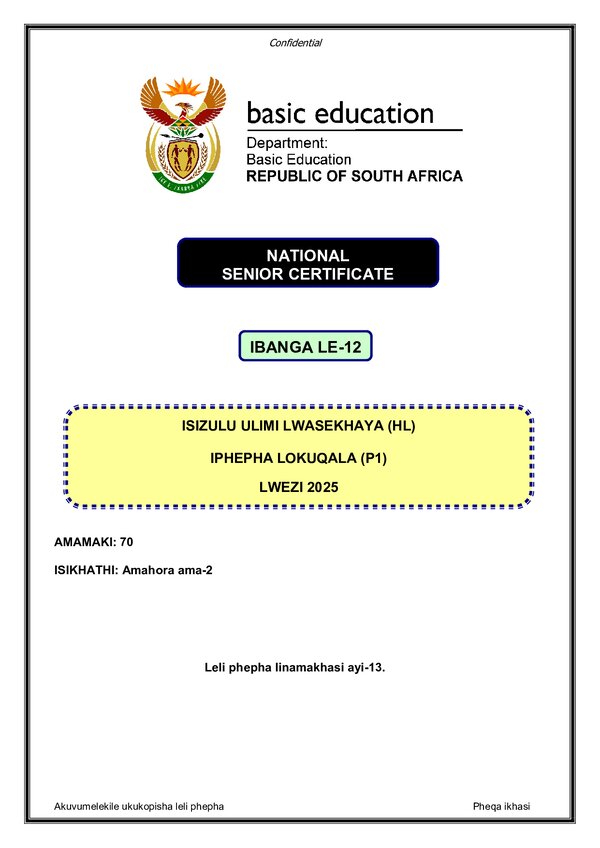 Grade 12 isiZulu past paper 2025 – IsiZulu HL P1 gr12