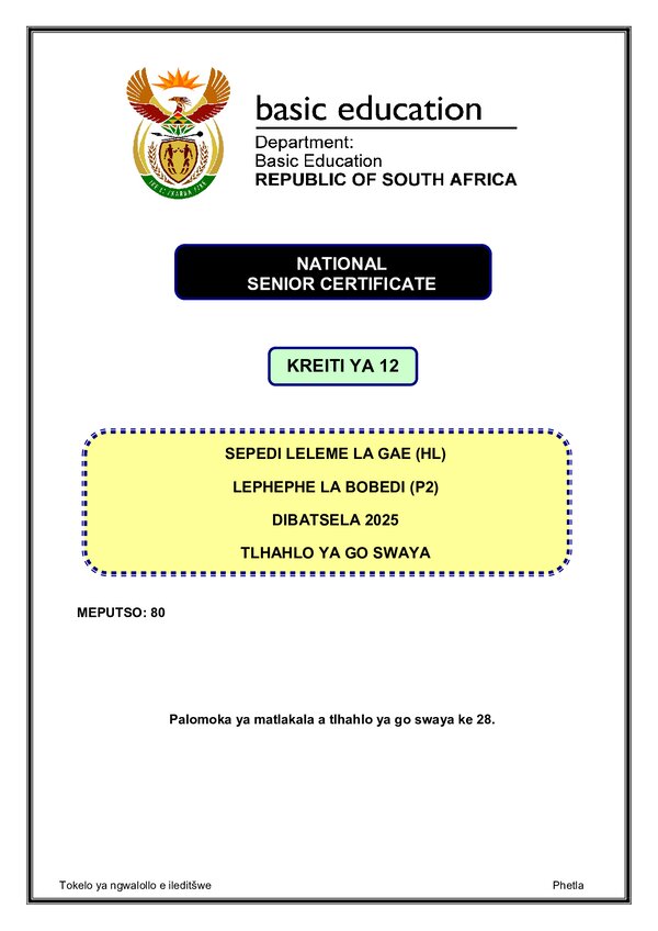 Grade 12 Sepedi past paper 2025 – Sepedi HL P2 memo gr12