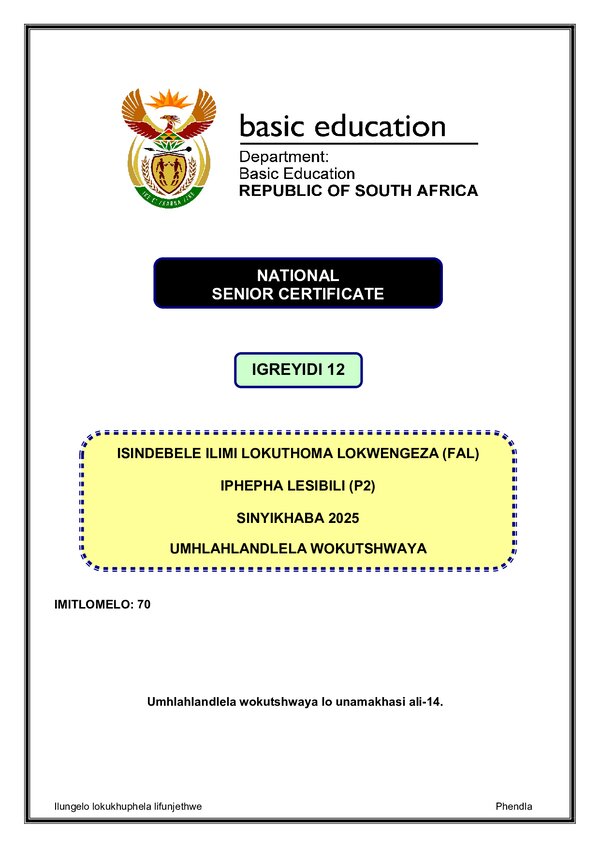 Grade 12 isiNdebele past paper 2025 – IsiNdebele FAL P2 Memo gr12