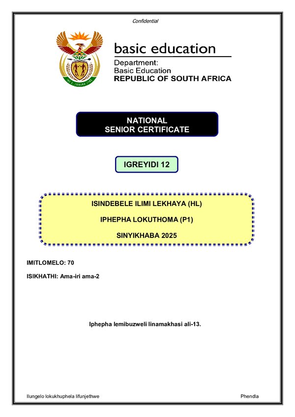 Grade 12 isiNdebele past paper 2024 – IsiNdebele HL P1 gr12