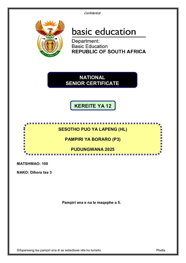 Grade 12 Sesotho past paper 2025 – Sesotho HL P3 gr12