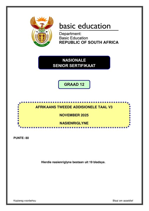 Grade 12 Afrikaans past paper 2025 – Afrikaans SAL P3 memo gr12