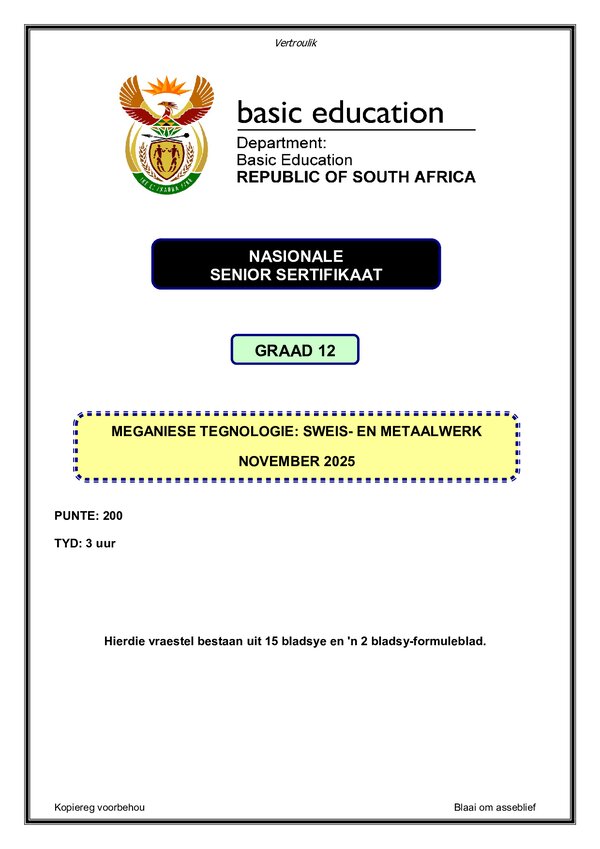 Grade 12 Afrikaans past paper 1993 – Welding and Metalwork Paper 1 (Afrikaans) gr12