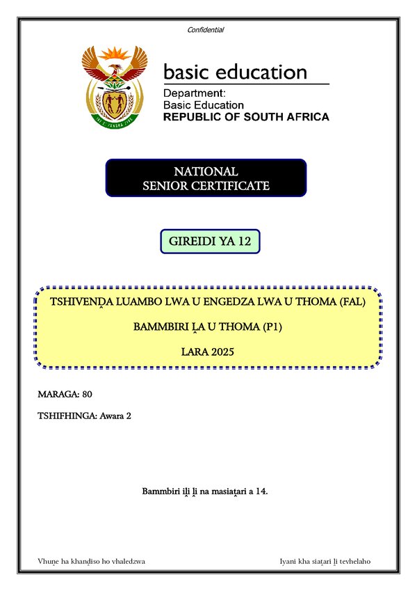 Grade 12 Tshivenda past paper 2025 – Tshivenda FAL P1 gr12
