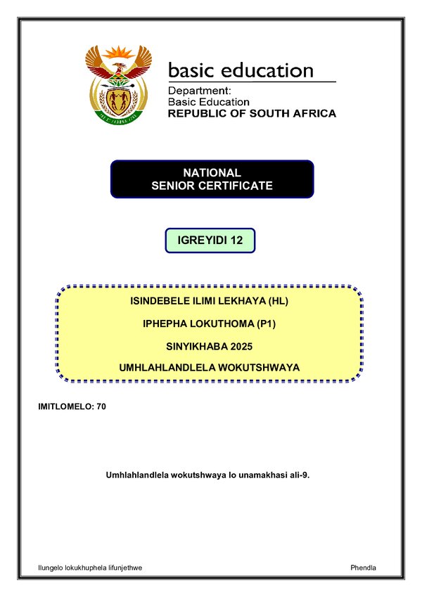 Isindebele Hl P1 Memo Gr12