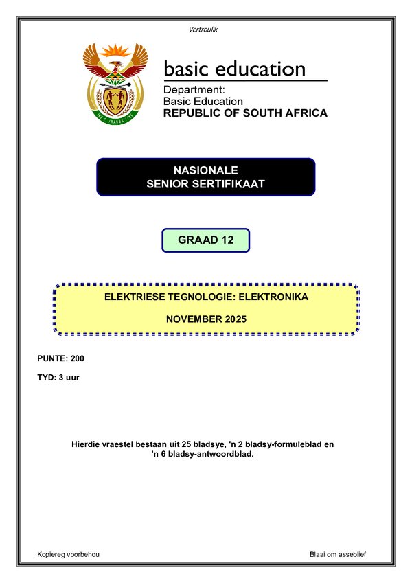 Grade 12 Afrikaans past paper 1993 – Electronics Paper 1 (Afrikaans) gr12