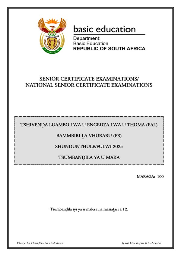 Grade 12 Tshivenda past paper 2025 – Tshivenda FAL P3 memo gr12