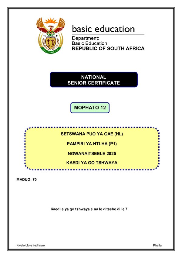 Setswana Hl P1 Memo Gr12