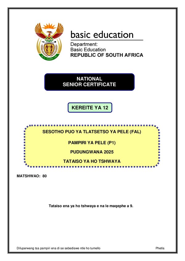 Sesotho Fal P1 Memo Gr12