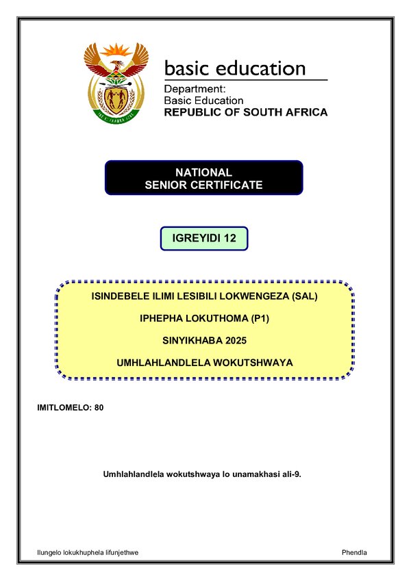 Isindebele Sal P1 Memo Gr12