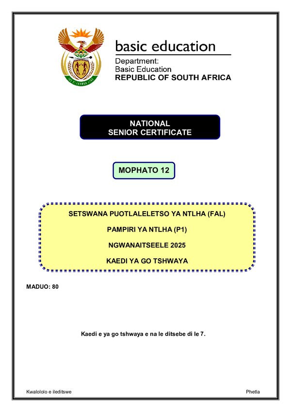 Grade 12 Setswana past paper 2025 – Setswana Fal P1 Memo gr12