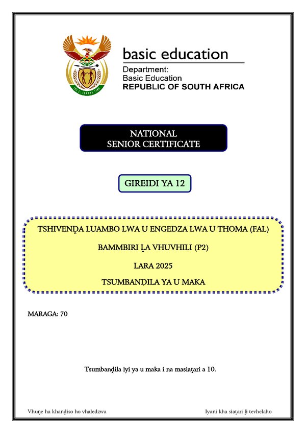 Grade 12 Tshivenda past paper 2025 – Tshivenda FAL P2 memo gr12
