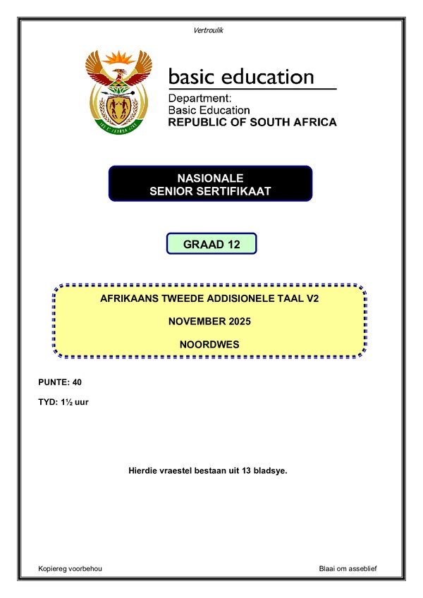 Grade 12 Afrikaans past paper 2025 – Afrikaans SAL P2 (North West) gr12