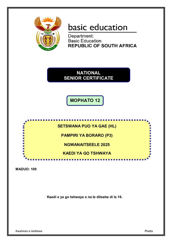 Setswana Hl P3 Memo Gr12