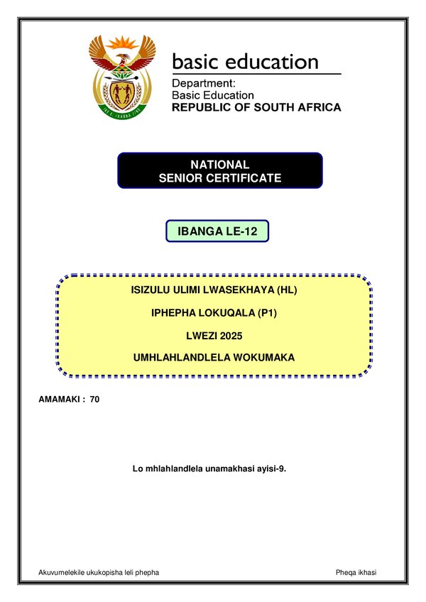 Isizulu Hl P1 Memo Gr12