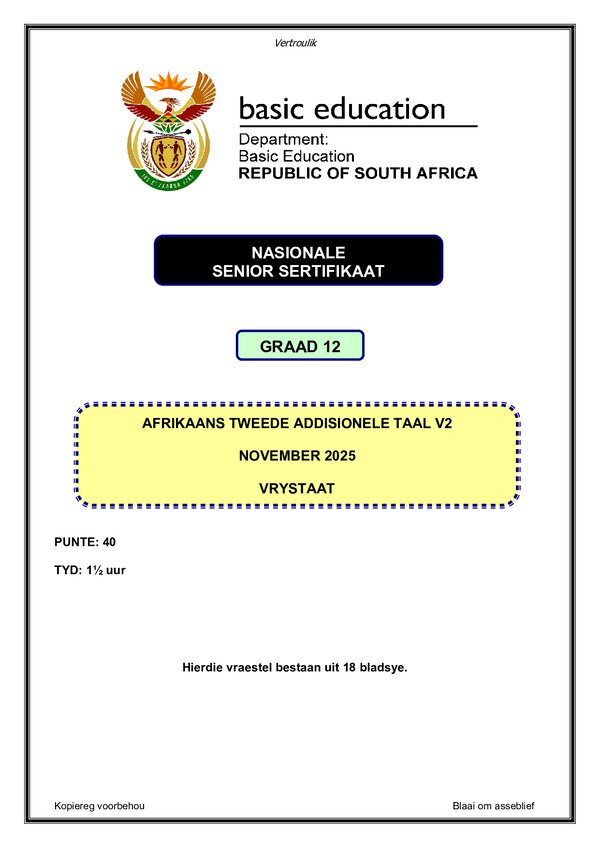 Grade 12 Afrikaans past paper 2025 – Afrikaans SAL P2 (Free State) gr12