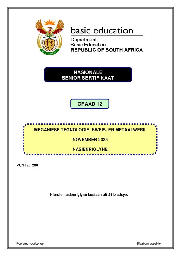 Grade 12 Afrikaans past paper 2025 – Welding and Metalwork Memo 1 (Afrikaans) gr12