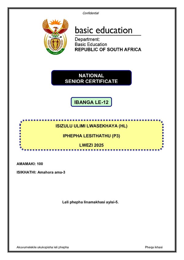 Grade 12 isiZulu past paper 2025 – IsiZulu HL P3 gr12